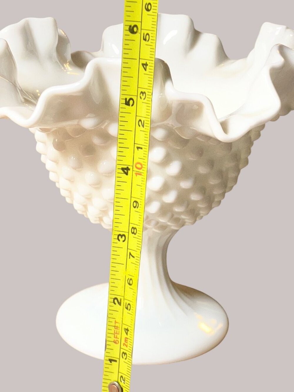 White Milk Glass Hobnail Ruffled Crimped Edge Compote Vase Dish - Picture 10 of 11
